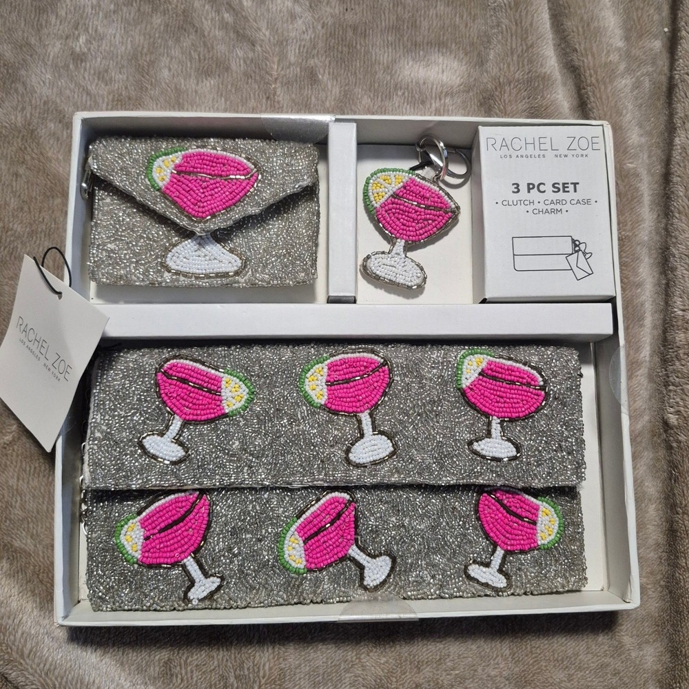 Rachel Zoe 3 PC Beaded Clutch Card Case Charm Set Silver Pink Cocktail RGT32517